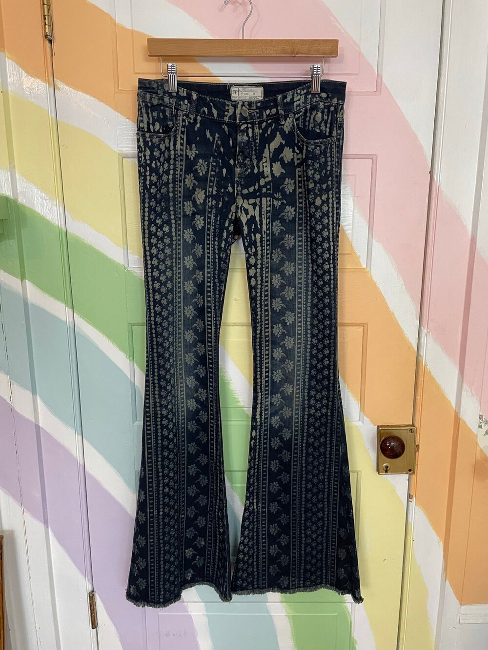 Free People Striped Floral Print Flare Bell Bottom Jeans 28 Boho Festival